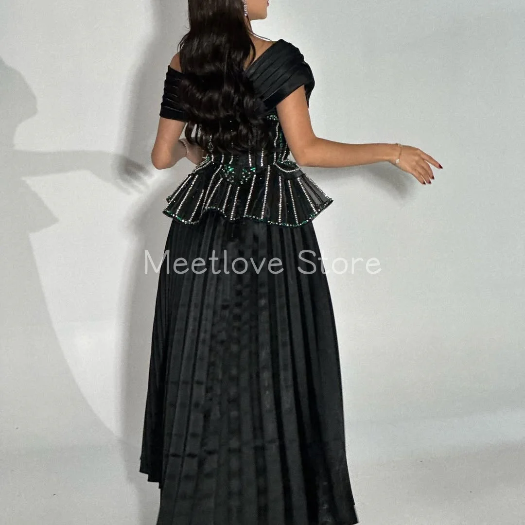 Meetlove-vestidos de noche de cristal negro con hombros descubiertos, cuentas personalizadas, sin mangas, cuello en V, largo hasta el suelo, línea A, fiesta de lujo