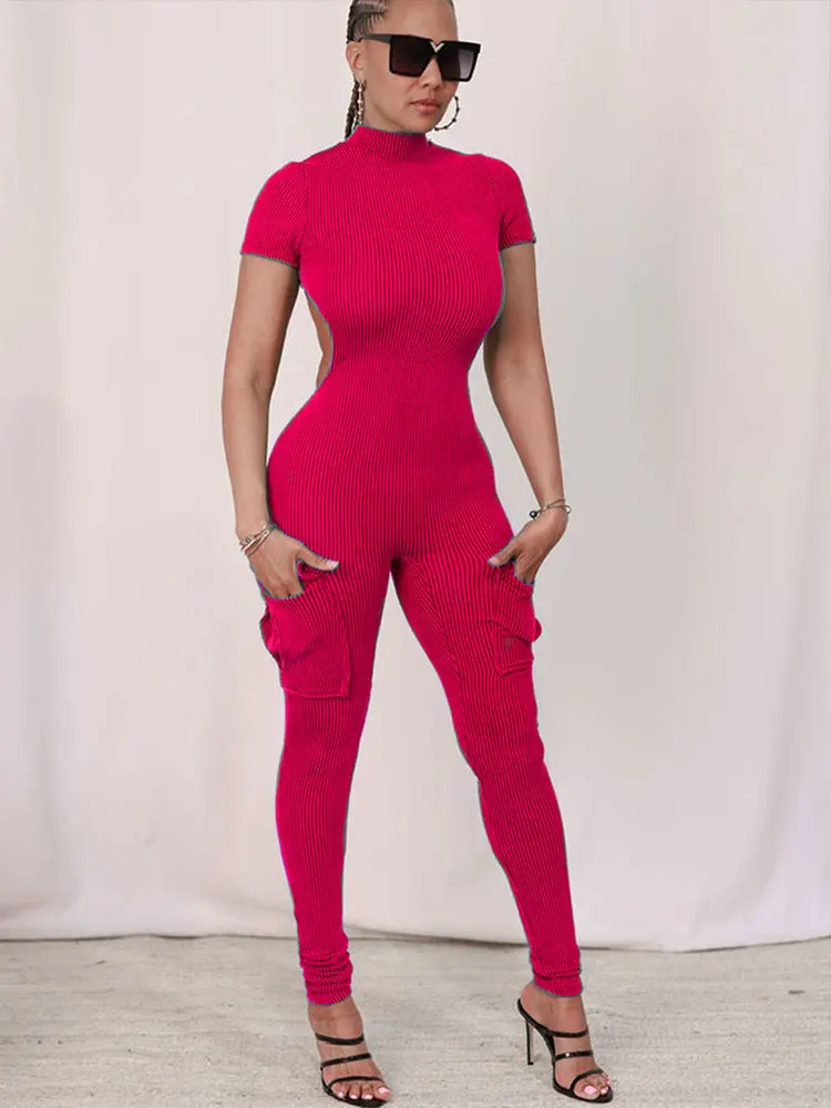 New Women\'s Jumpsuits Sexy Sweet Pink Hollow Out Jumpsuit Streetwear Fashion Pockets Short Sleeve Lady Elegant Rompers Clothing