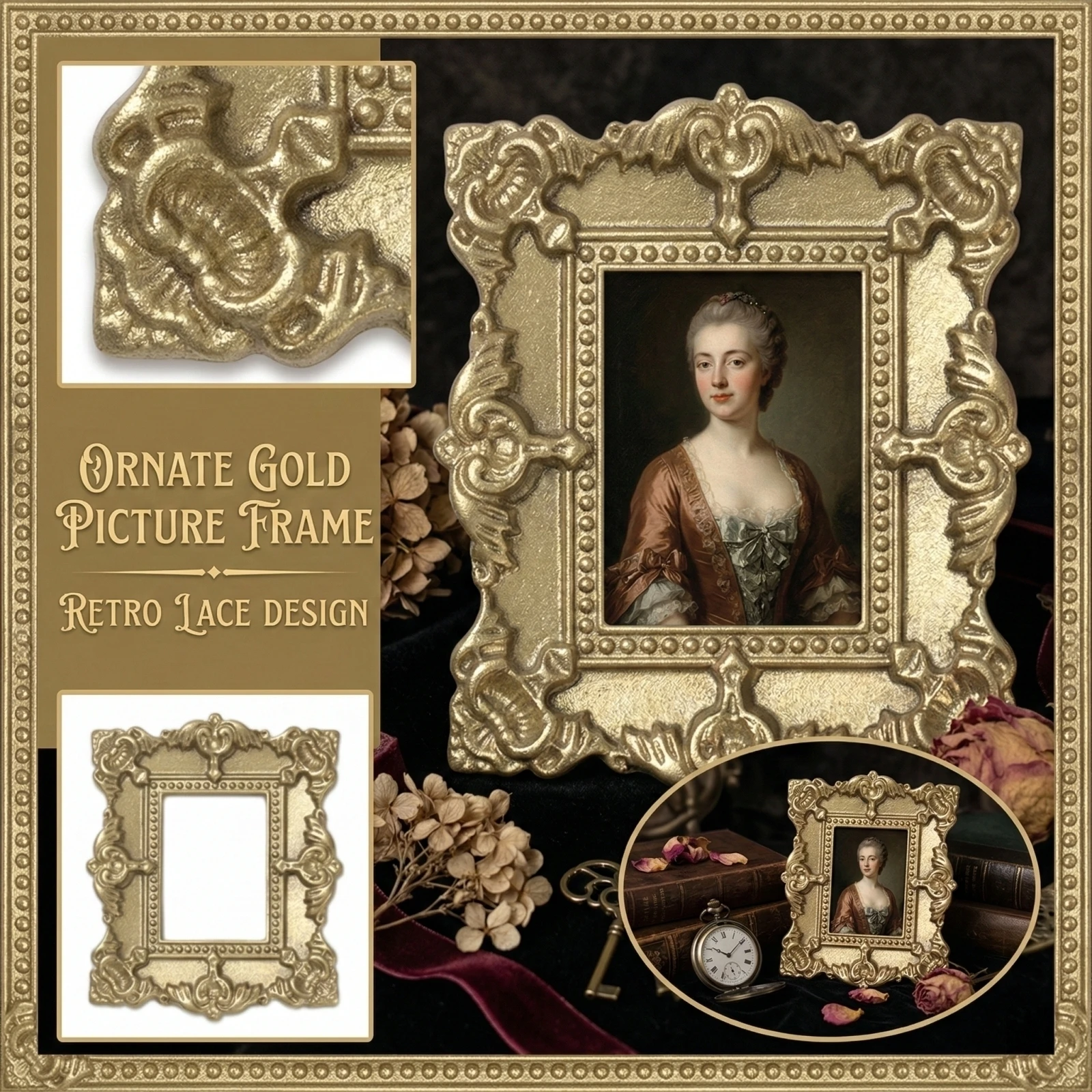 Vintage Bronze Gold Picture Frame Home Decor Ornate Lace Photo Holder Tabletop Display Goods Antique Carved Room Accessory
