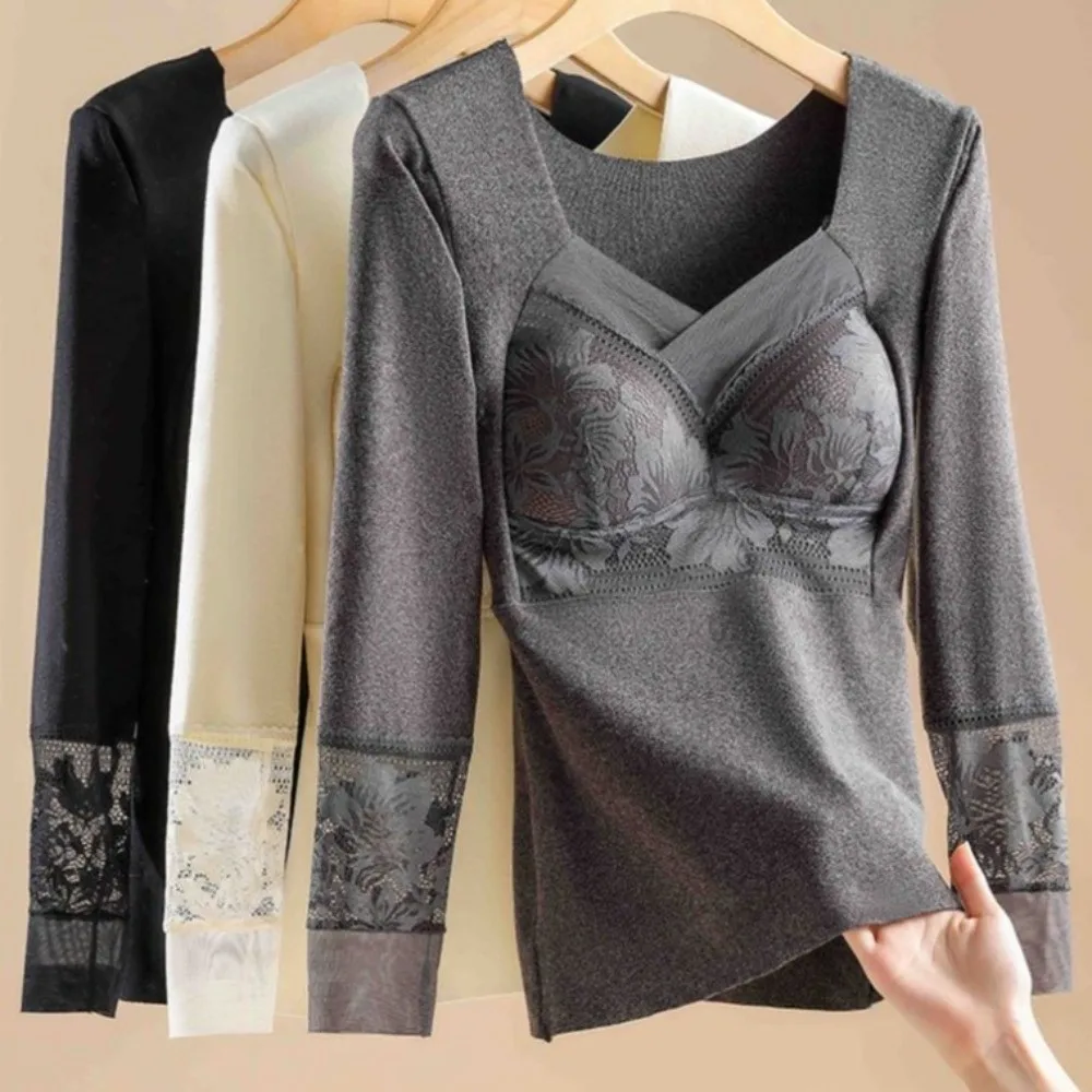 

Lace Women Thermal Clothes Mesh V Neck Invisible Thermal Underwear Autumn Clothes Feel Heating Warmth Long Warm Top