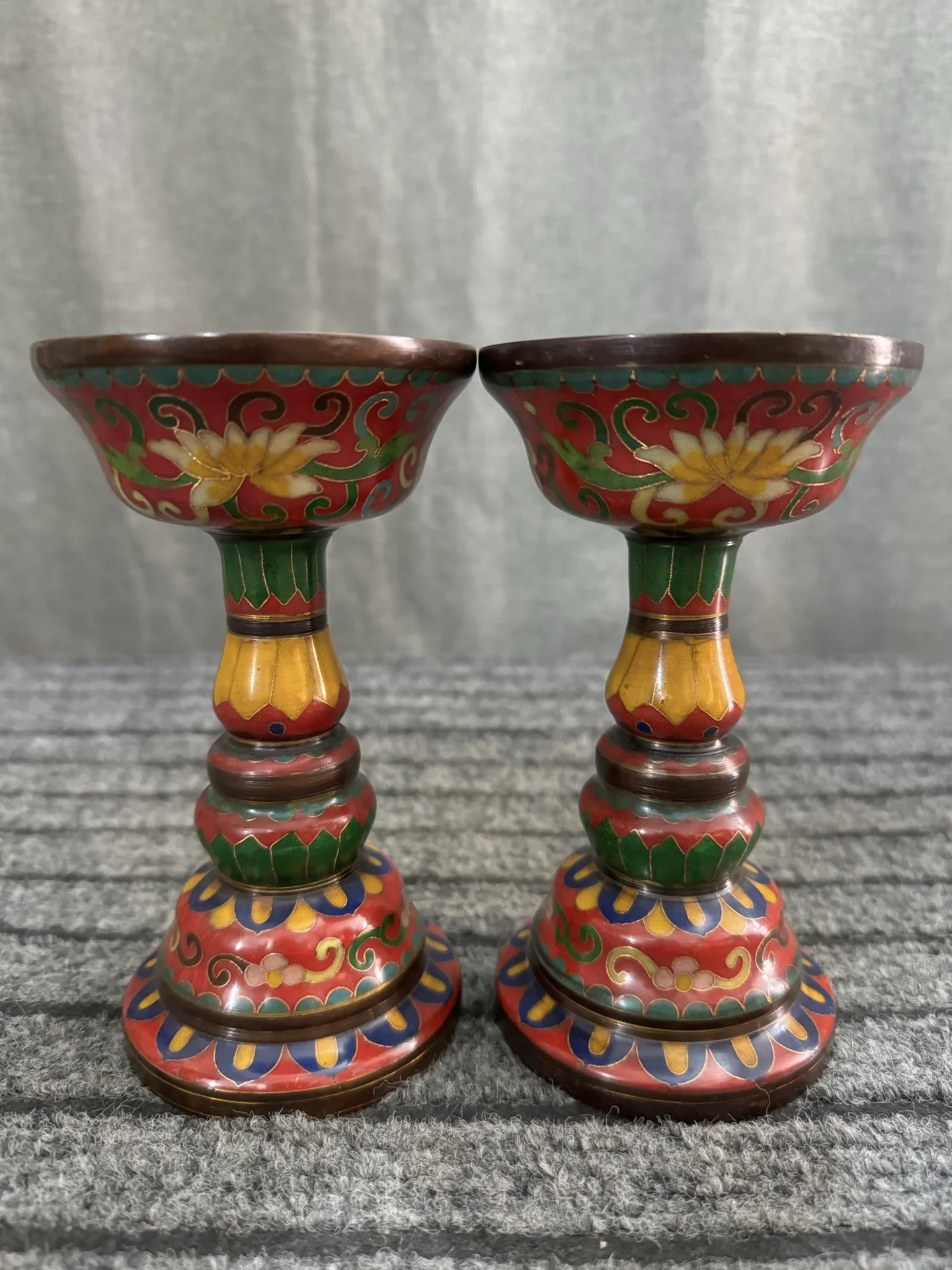 Old Bronze Cloisonne Enamel Entangled Lotus Wax Platform Baolian Lamp Candlestick A Pair Amass wealth Ornaments