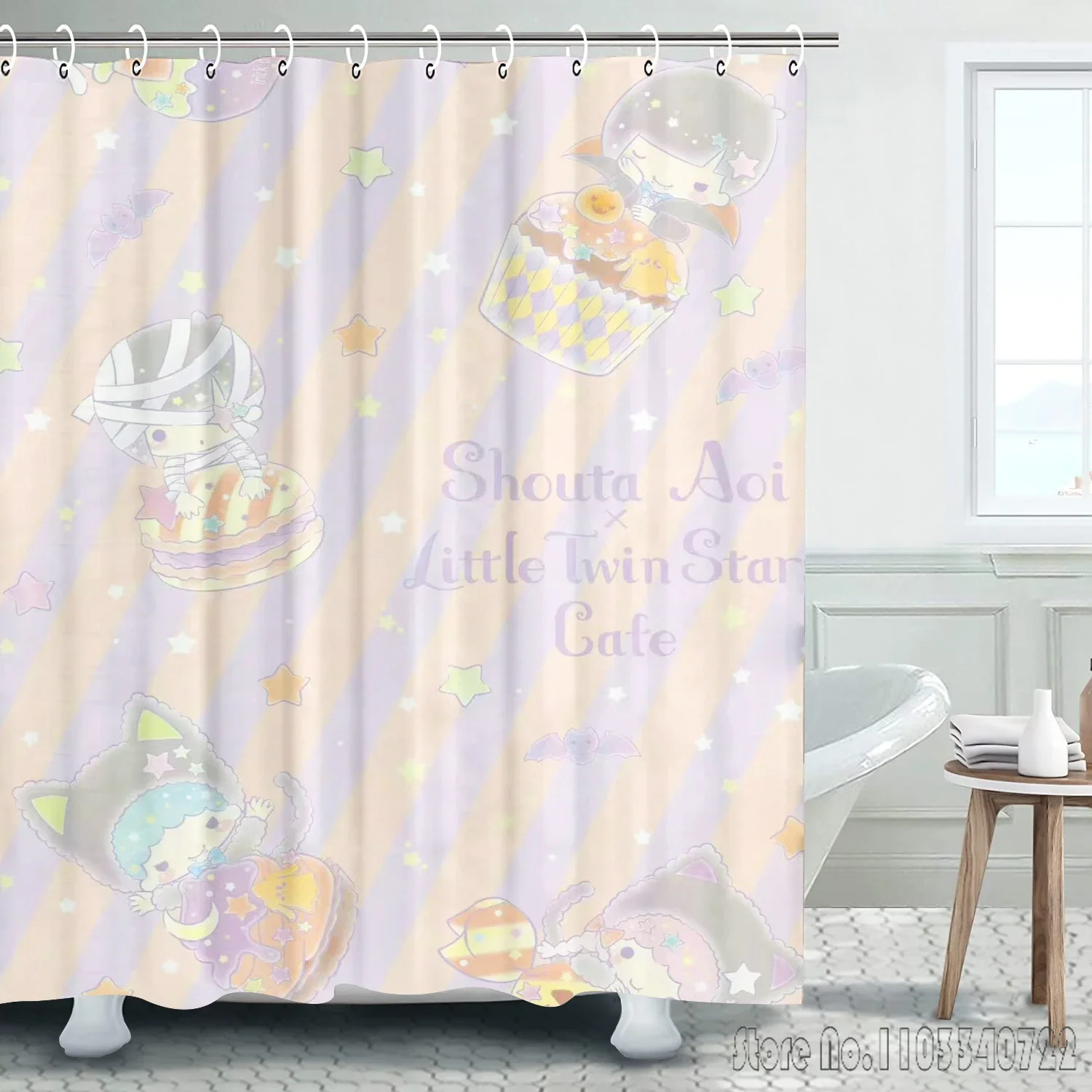 Little Twin Stars Polyester Colorful Shower Curtain 1pcs Waterproof Bath Screen Curtains with Hooks for Bathroom Decor