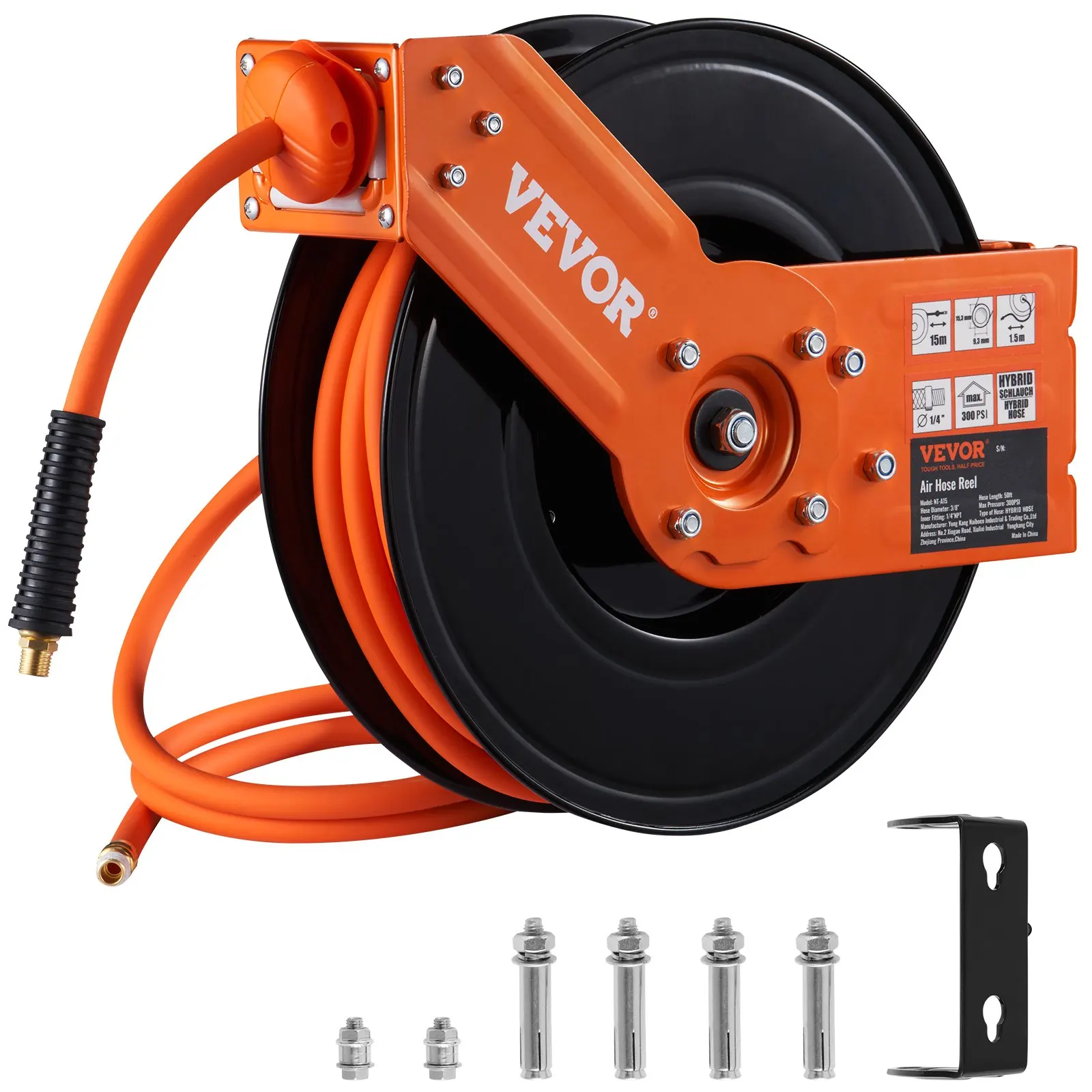 

VEVOR Retractable Air Hose Reel 3/8"x50ft 300PSI Hybrid Hose, Heavy-Duty Wall/Ceiling Mount Steel Reel w/5" Lead-in & Double Arm
