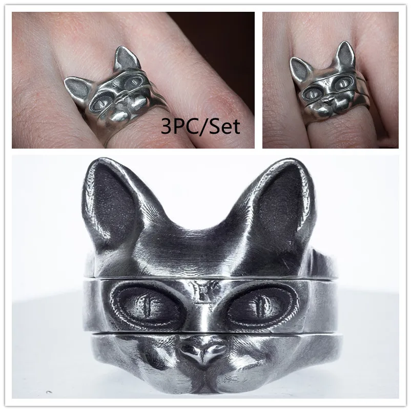 

3PC Stackable Cat Rings Hand Carving Cat Head Ring Set for Men Women's Gothic Punk Finger Ring Vintage Jewelry Accessories