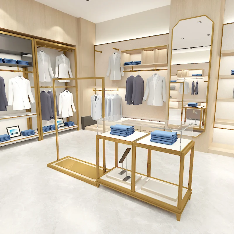 custom.One-stop Design Clothing Display Furniture Wood and Steel Clothing Rack Showroom Garment Shop Equipment Store Clo