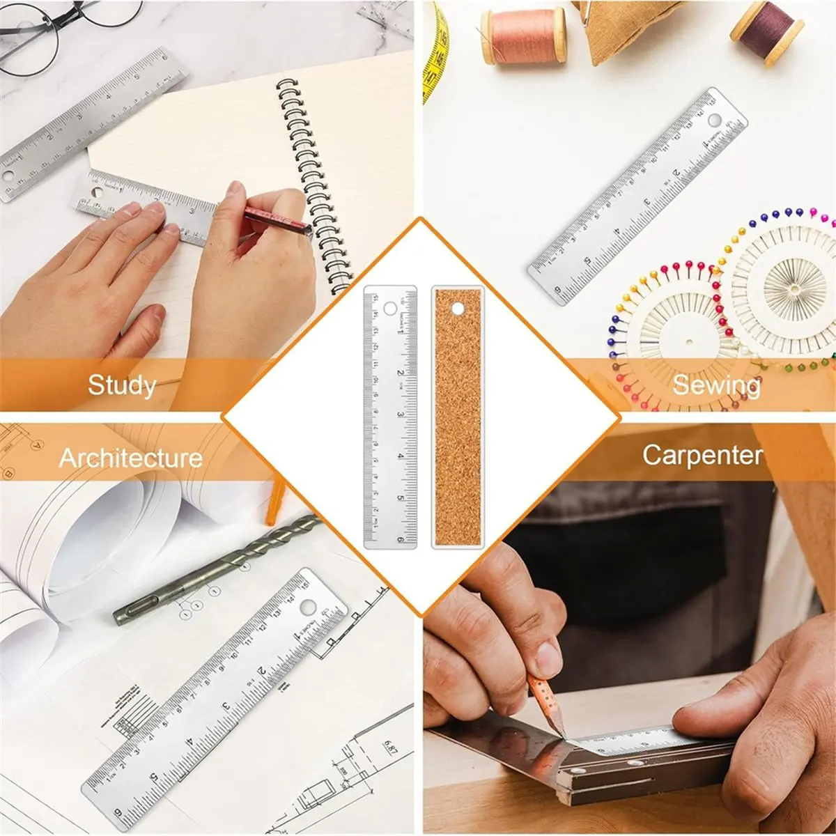 Top Sale 3Pcs Cork Backed Ruler,6 Inch Metal Ruler,Non Slip Metal Ruler with Cork Backing, Straight Edge Ruler for School