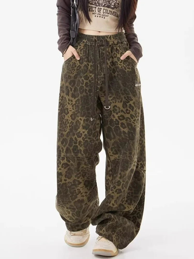 Streetwear Leopard Cargo Pant Women Vintage Harajuku High Waist Loose Trousers Hip Hop Spring Y2K American Retro Casual Pants