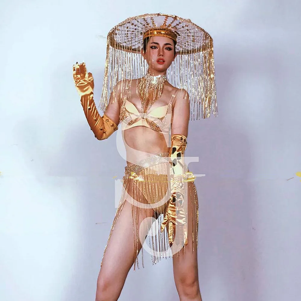 Gouden Sexy Gogo Danseres Kleding Nachtclub Performance Podium Kostuum Volwassen Festival Feest Rave Outfit Kwastje Hoed Bikini