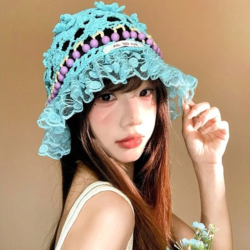 الرجعية اليدوية الكروشيه دلو قبعة الجوف الصيف الخرز محبوك قبعة زهرة الكشكشة نسج حوض قبعات الفتيات