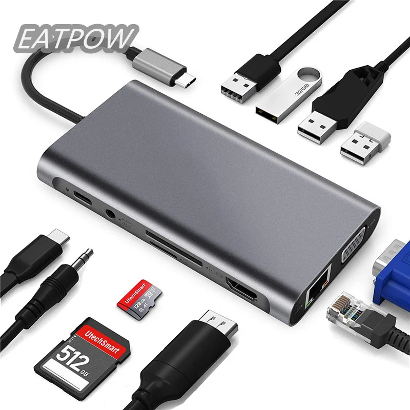 Adaptador de USB HUB a HDMI VGA PD TF/SD, Puerto divisor de acoplamiento tipo C para Macbook Air M1 Pro, 11