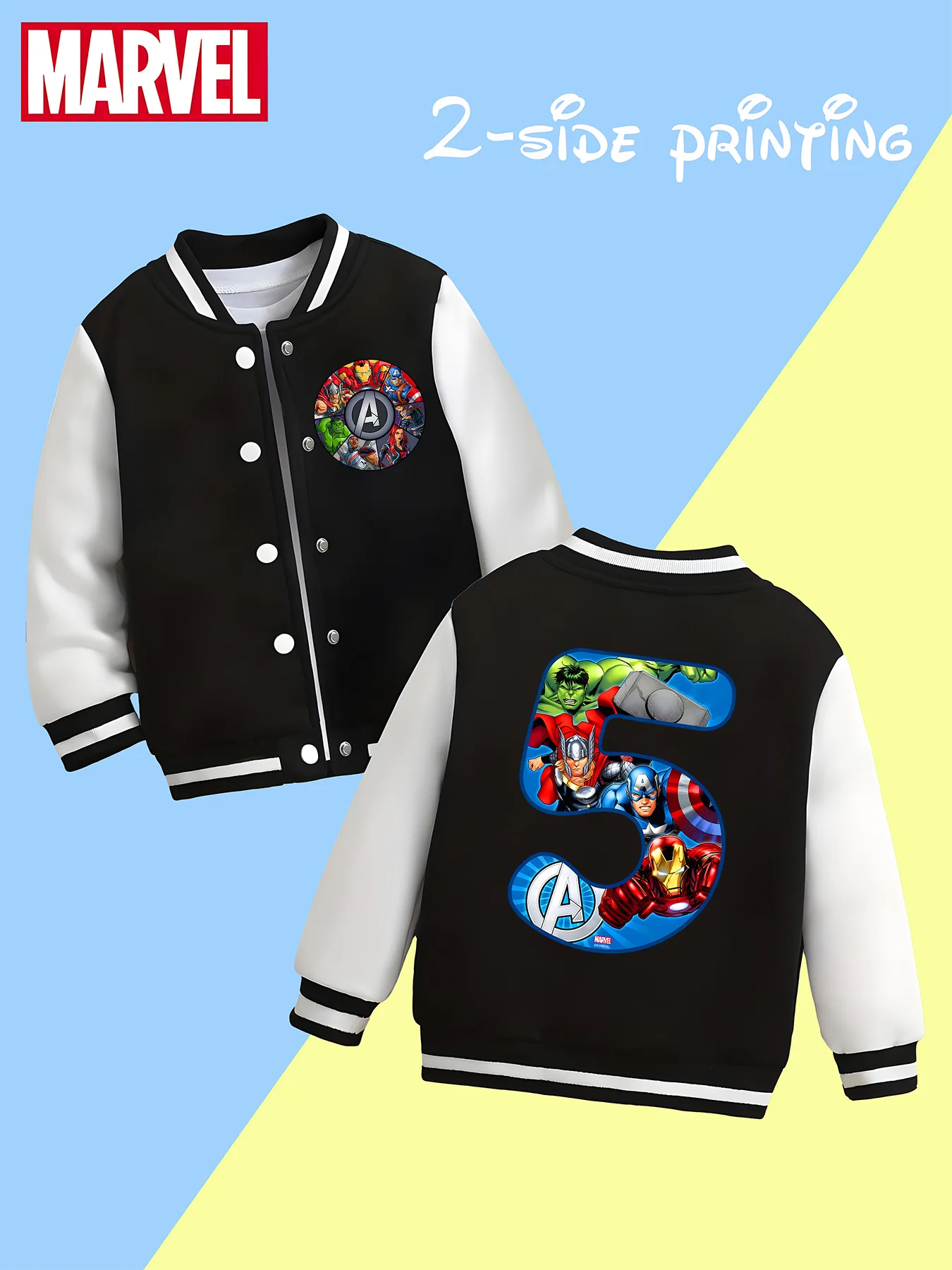 

MINISO Marvel Boys' Baseball Jacket - Avengers Hero Print, Double-sided Pattern, Comfortable Fabric, Black and White, Fashionabl