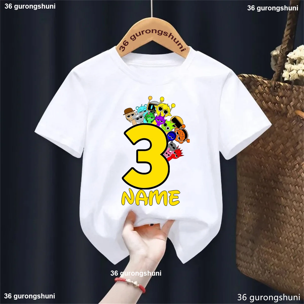 

Custom Name 3th Birthday Sprunki Character Game Printed T-Shirt Girls/Boys Birthday Gift Kawaii Kids Clothes Summer T-Shirt