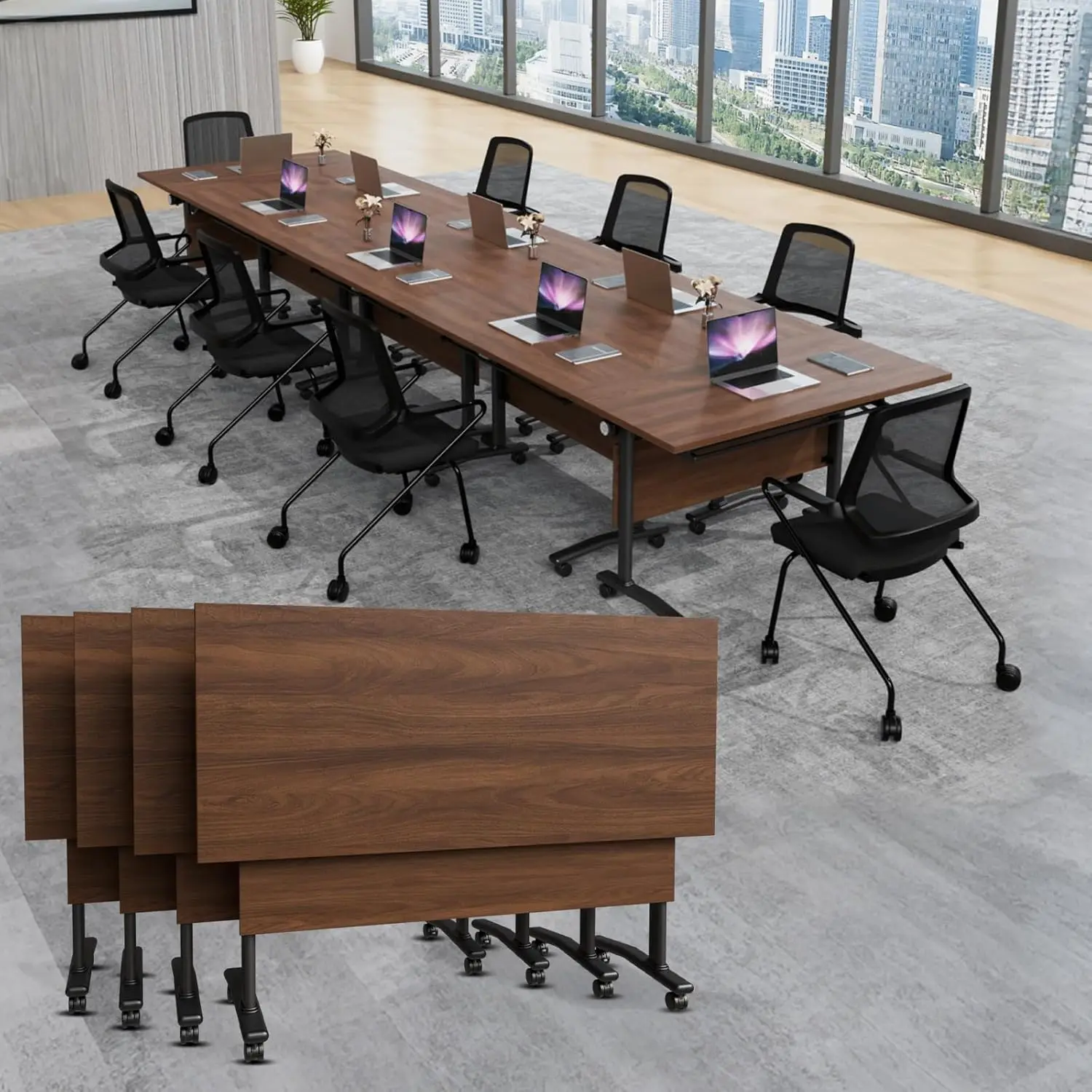 

Folding Flip-Top Mobile Conference Table with Wheels Rolling Office Classroom Meeting Room Walnut, Custom