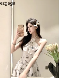 Ezgaga Elegant Mini Dresses Women Floral Printed Ruffles Irregular Slim Sleeveless Halter Backless Vintage Sexy Dress Party