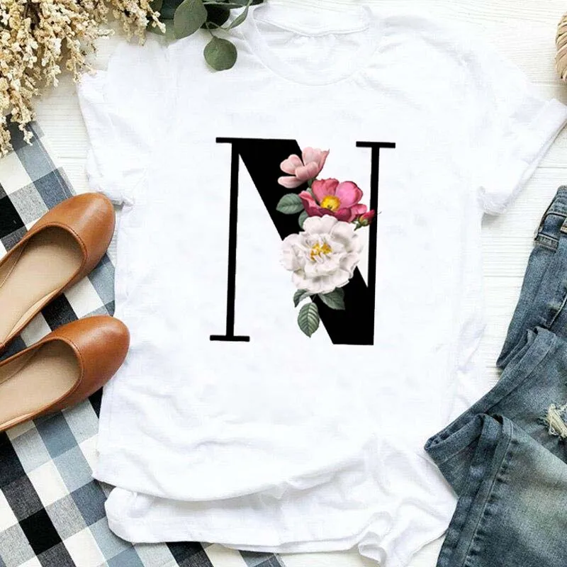 Custom Name Letter Combination Women\'s High Quality Print T-shirt Flower Letter Font A B C D E F G Short Sleeve  Female Tshirt