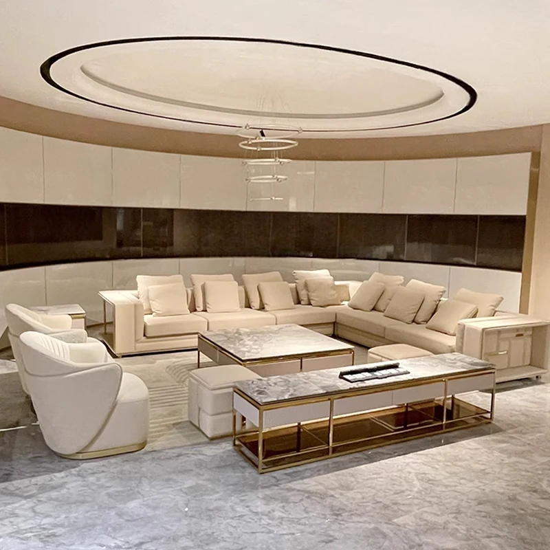 High End Villa 7 Seater Luxury Living Room L Shape Modular Sectional Sofa Set Leather Large Rack Corner Sofa for Living Room