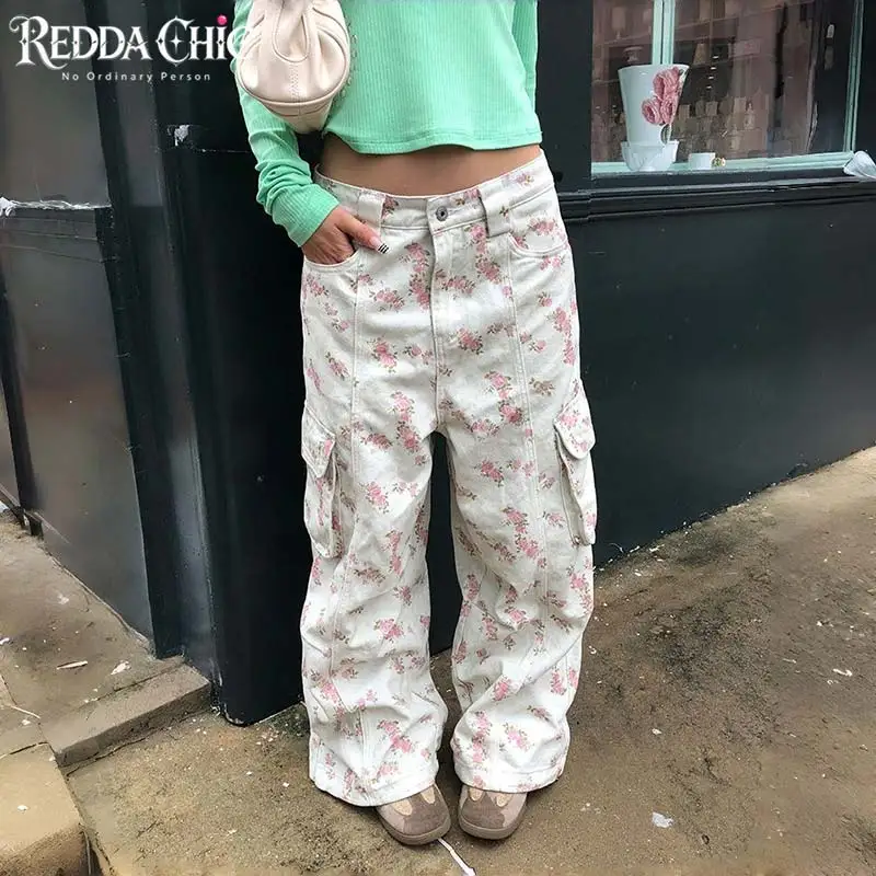 ReddaChic All Over Print Floral Baggy Jeans Korea Low Rise Loose Fit Multi-pocket Cargo Denim Joggers Cutecore Women Streetwear