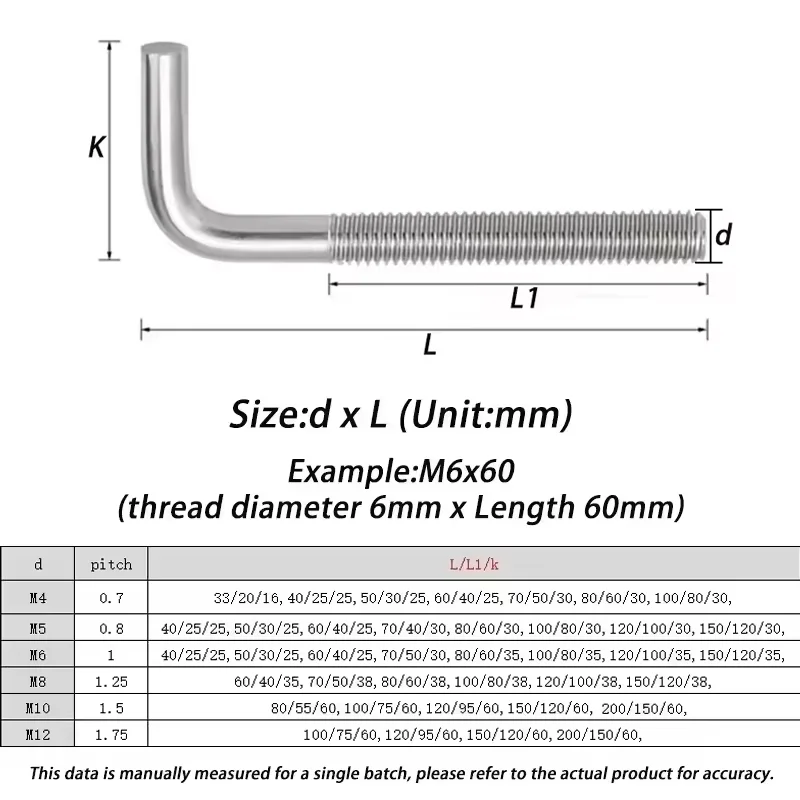 1-5pcs L Shaped Right Angle Bolt Screws M4 M5 M6 M8 M10 M12 304 Stainless Steel L Anchor Bend Screw