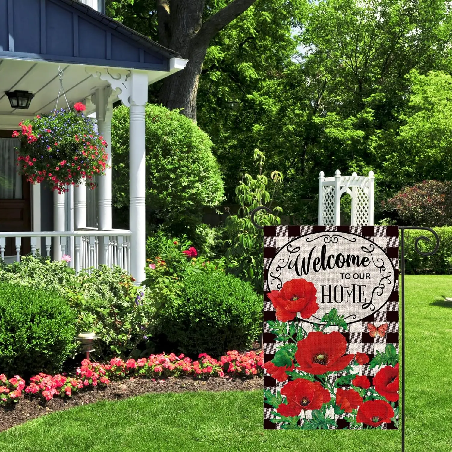 Texupday Welcome To Our Home Poppy Flower Butterfly Buffalo Check Plaid Double Sided Vertical Burlap Garden Flag Spring Summ zzo