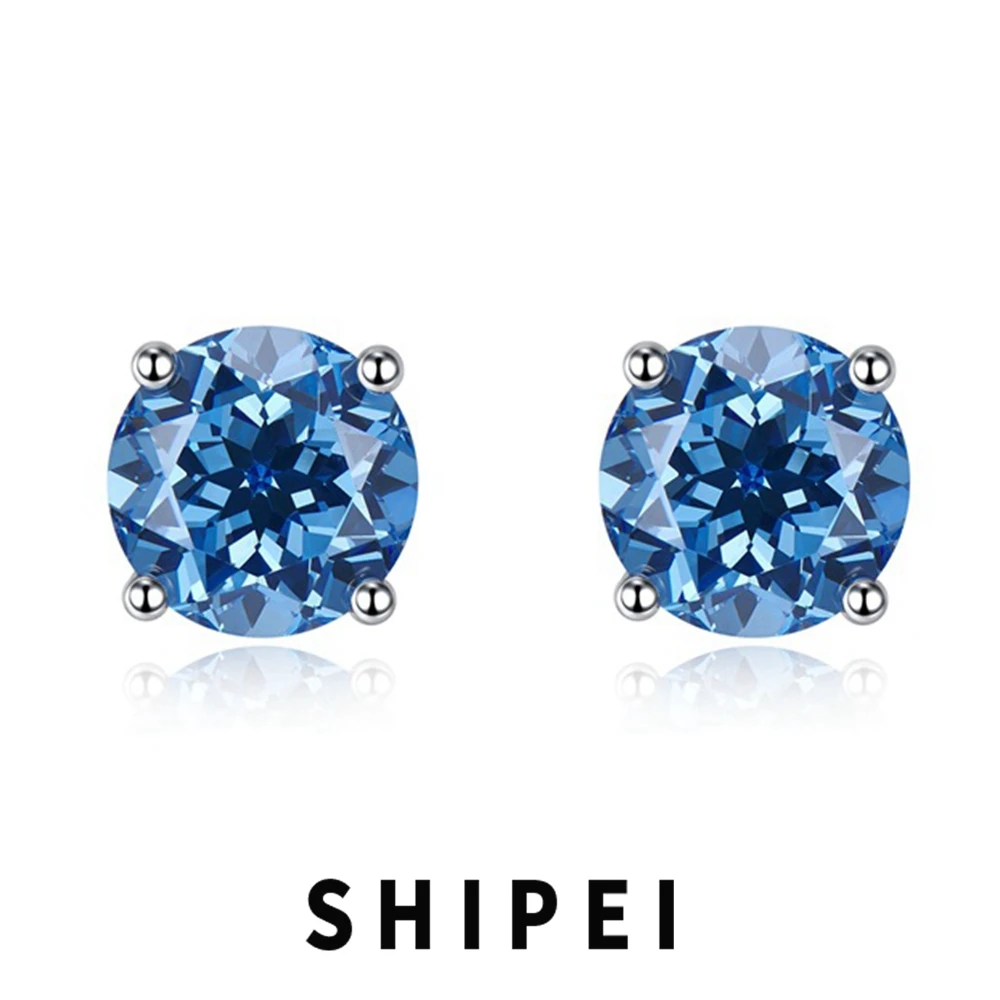 

SHIPEI Classic Solid 925 Sterling Silver Round Cut 8 MM Sapphire Gemstone Wedding Fine Jewelry Ear Stud Earrings Drop Shipping