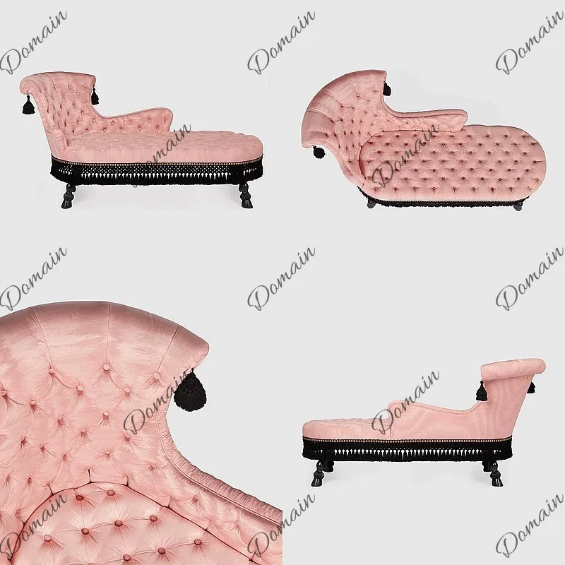 Luxury Pink Tufted Chaise Lounge Sofa with Tassels Solid Wood Frame for Living Room Home Decor