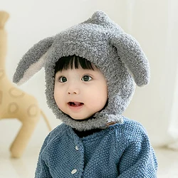 Cute Baby Hat Autumn Winter Rabbit Ears Soft Plush Warm Cap Kids Beanies Solid Color Earflap Hat Bonnet