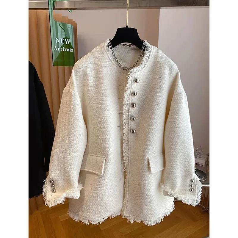 

2024 Spring Autumn New Loose Woolen Coat Female Fashion Mid-Long Woolen Cloth Coats Creamy White Black Overcoat Outerwear