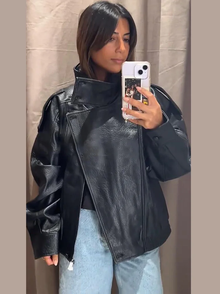 Dámská kožená bunda s dlouhým rukávem a stojáčkem na zip, volná, s kapsami na zip, dámské kabáty, podzim 2025, dámské svrchní oblečení s lokomotivou - náhled 3