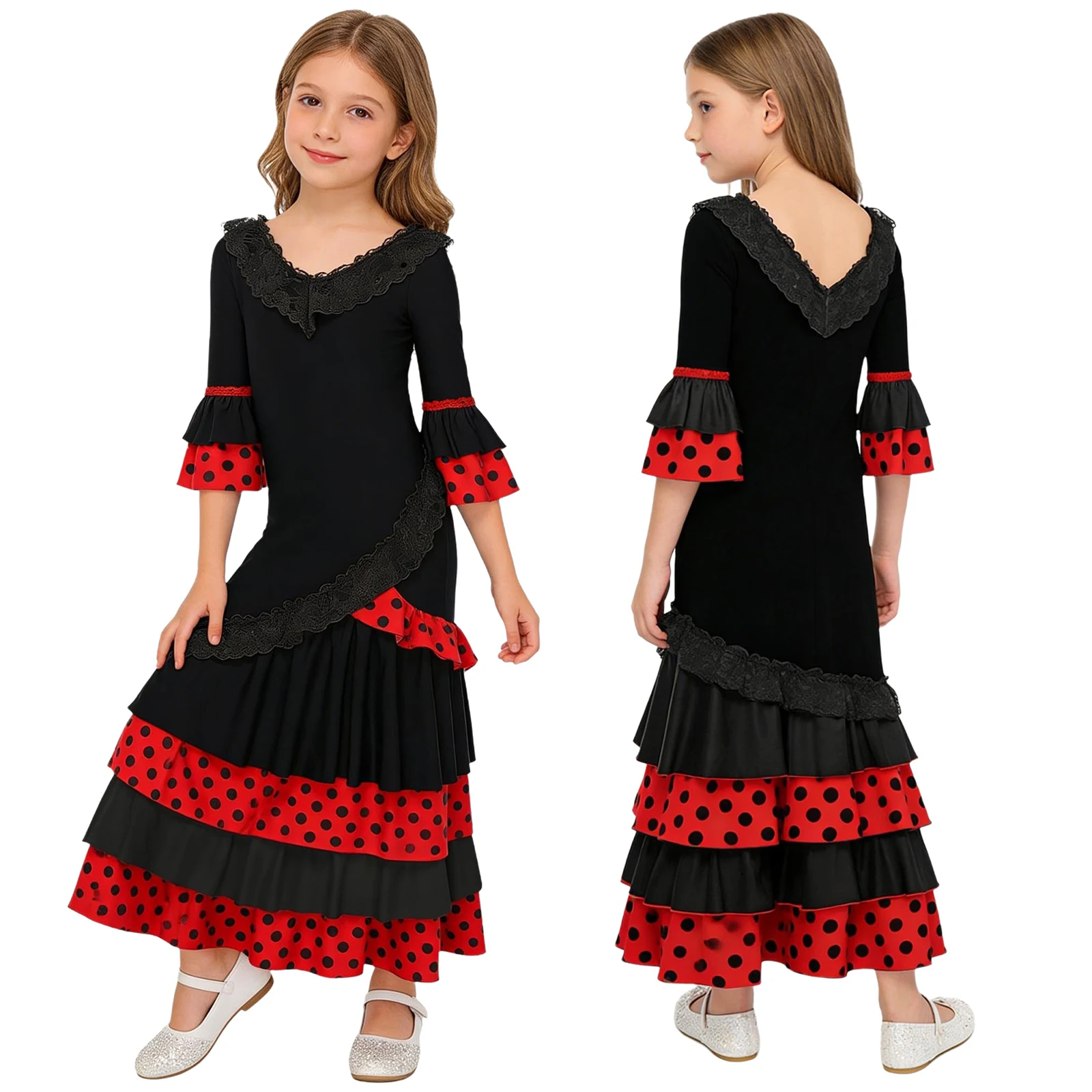 Kids Girls Spanish Flamenco Dance Performance Dress Lace Trim V-neck 3/4 Sleeves Lyrical Dress for Flamenco Stage Performance