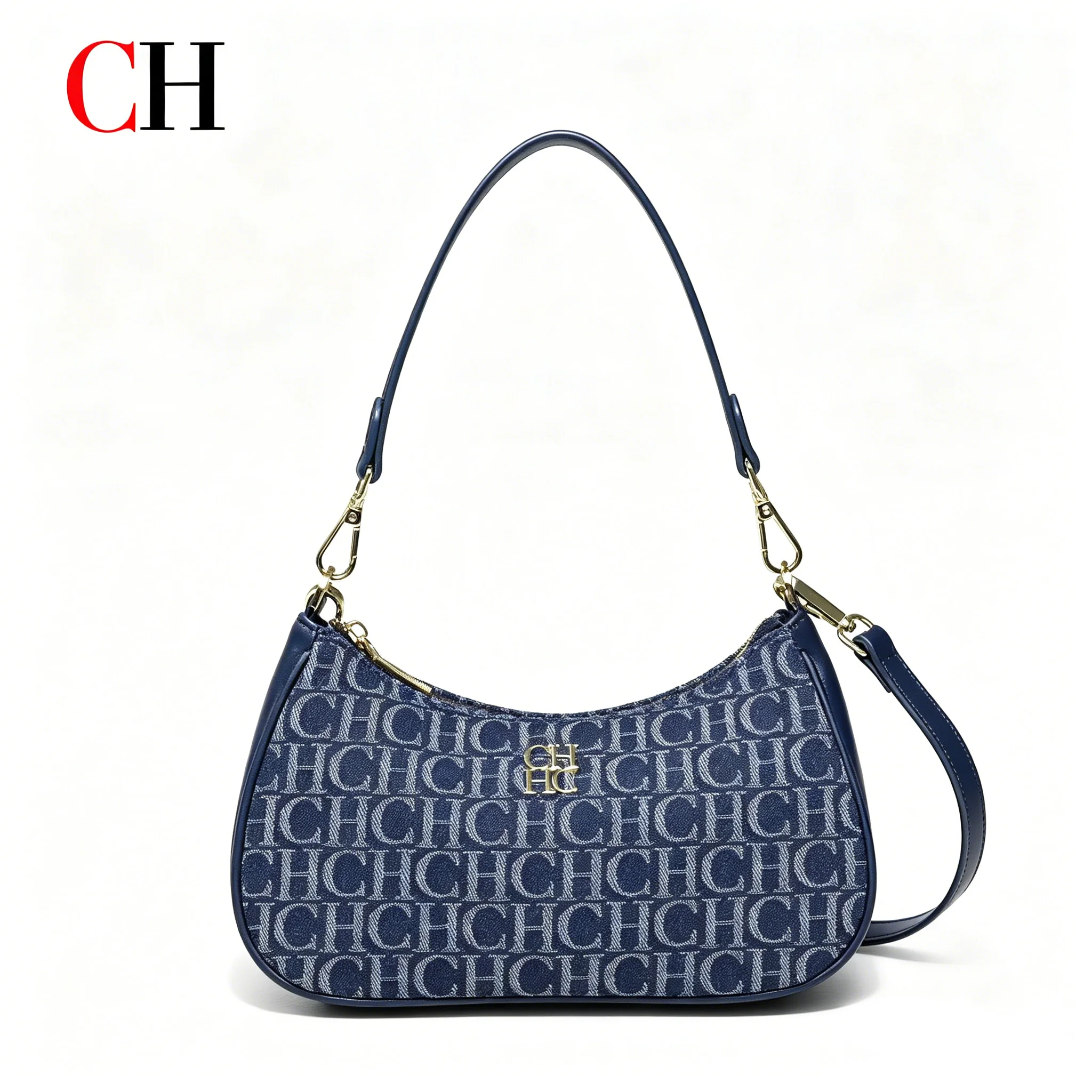 CH Vintage Denim Monogram Underarm Bag Women Fashion Small Hobo Handbag Detachable Shoulder Strap Daily Casual Crossbody Bag