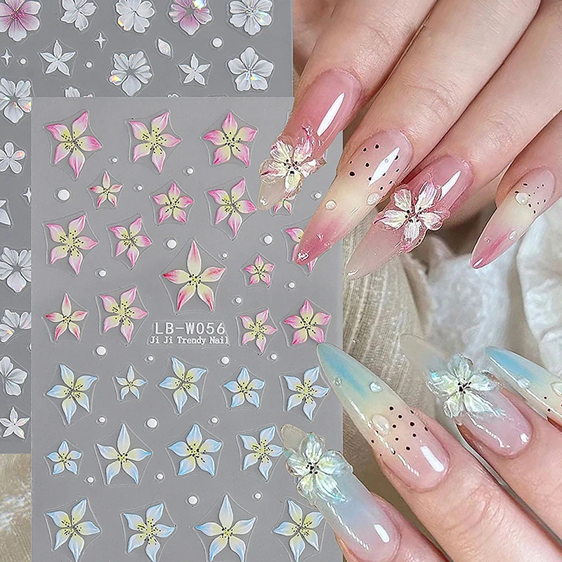 Pink Lily Flower Nail Sticker 3D Embossed Jelly Five Petal Flower Nail Art Decoration DIY Self-adhesive Decals