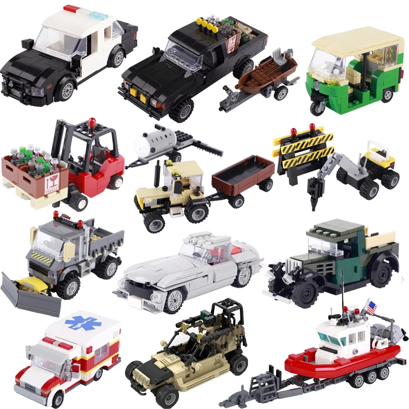 MOC City Car Series Building Blocks Steet View Pickup Truck Vehicle American Yachts Police Ambulance Tricycle Bricks Friends Toy