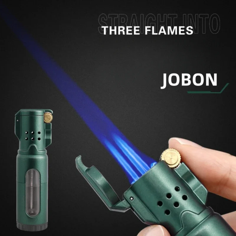 2024 JOBON Metal Windproof 3 Jet Blue Flame Butane Gas Lighter Classic Grinding Wheel Ignition Visible Gas Window Cigar Lighters