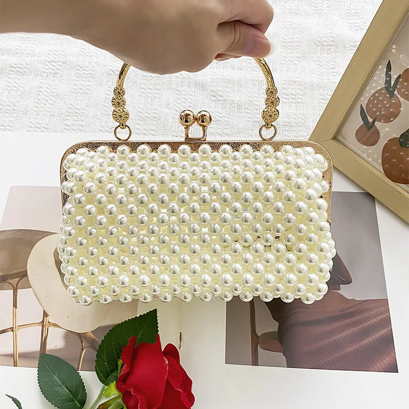 

Trendy Handmade Pearl Beaded Evening Bag Luxury Designer Metal Handle Party Wedding Evening Clutch Bag Elegance Banquet Bag