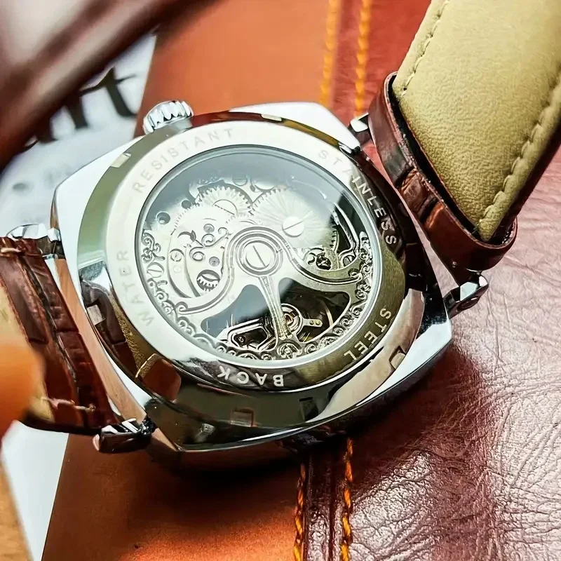 Light Luxury Men's Watch, Automatic Skeleton Mechanical Watch - Square Dial, Business Casual Style, Skeleton Design, Light Luxury Fashion, Simple and Stylish Trendy Men's Wristwatch, No Battery Required, Perfect Gift for Birthdays, Valentine's Day, and Graduation Ceremonies