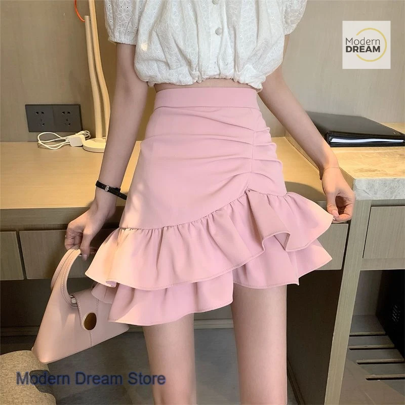 

Korean style solid color irregular ruffled skirt female spring and summer fashion high waist pink casual Joker fishtail skirt.