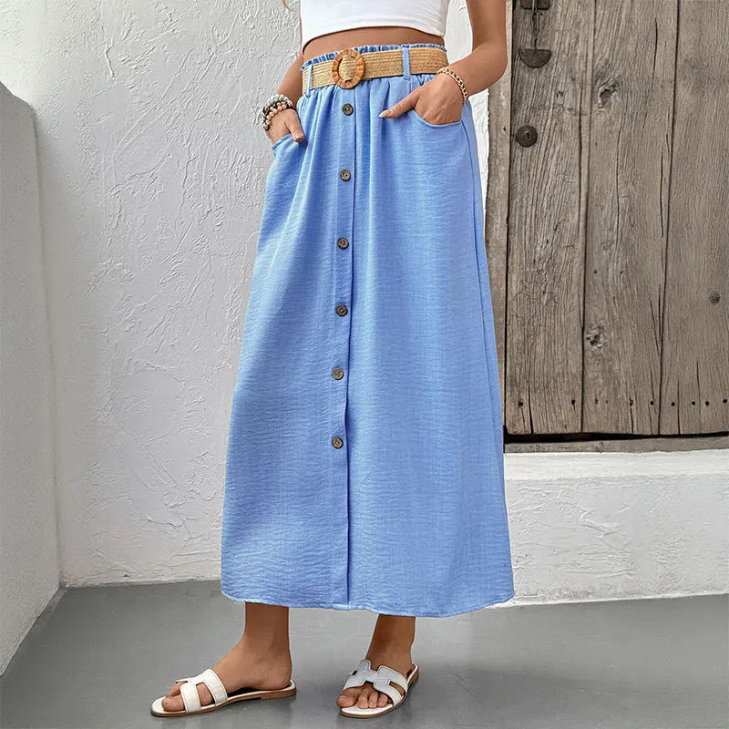 

2025 Summer New Women's Pocket Single Row Button Half Length Skirt with Belt Fashionable and Versatile