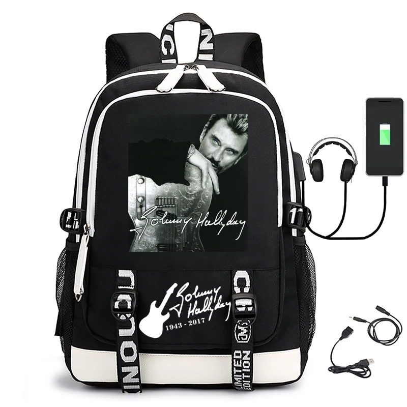 Легкий нейлоновый спортивный унисекс молодежный USB-рюкзак для мужчин и женщин, школьная сумка Johnny Hallyday, сумка для компьютера