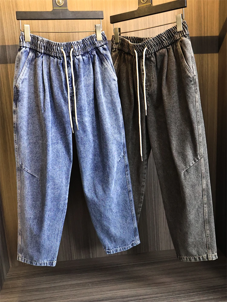 

Прямые джинсы с завышенной талией в стиле ретро, мужские повседневные джинсы со средней талией весны 2025 года, длинные хлопковые эластичные джинсовые молодежные современные брюки