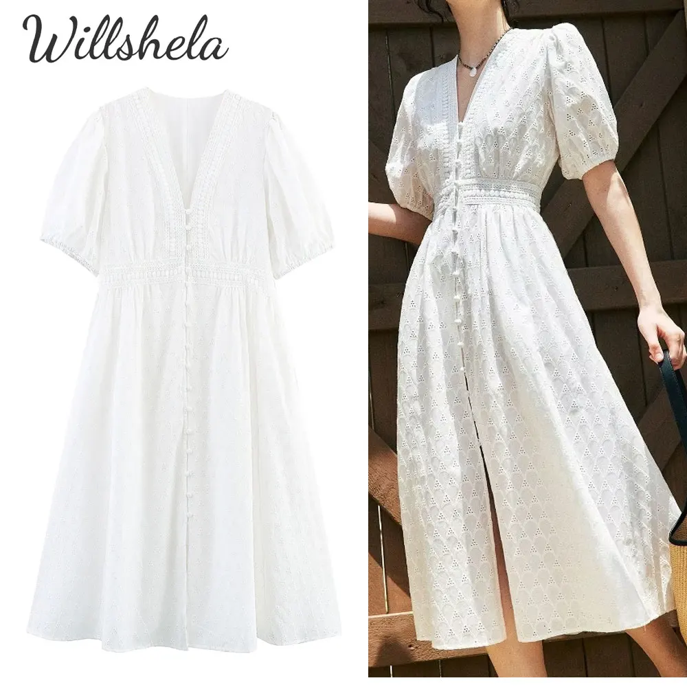 

Willshela Women Fashion White Cotton Embroidery Midi Dress V-Neck Short Sleeves Female Chic Lady Casual Long Vestidos