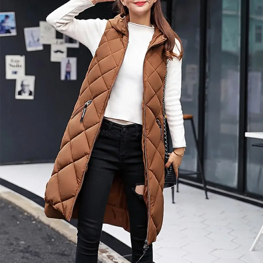 Gilet con cappuccio da donna gilet giacca lunga a forma di griglia di diamanti cerniera Cardigan senza maniche stile alla moda autunno inverno