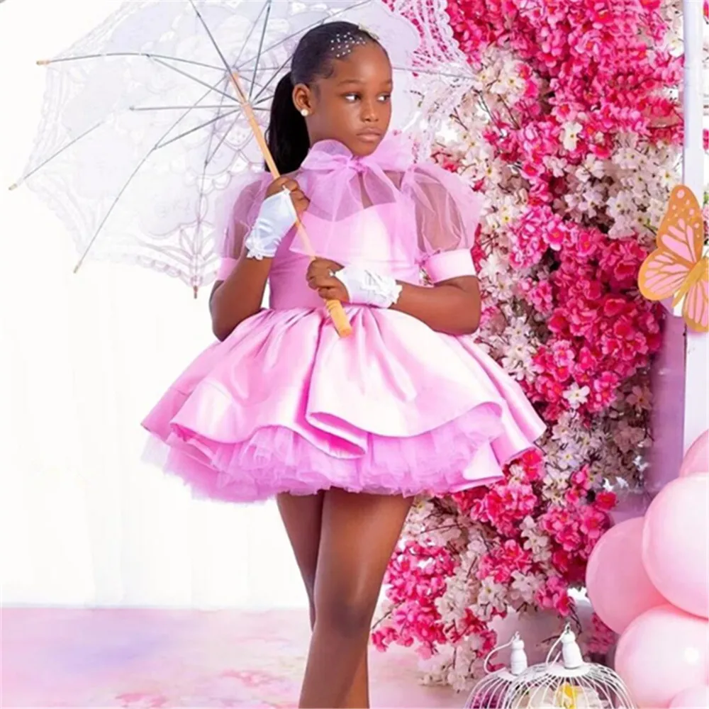 Pink Ball Gown Flower Girl Dresses Customized Tulle Tiered Ruffles Children Birthday Party Gowns High Neck Kids Wedding Dress