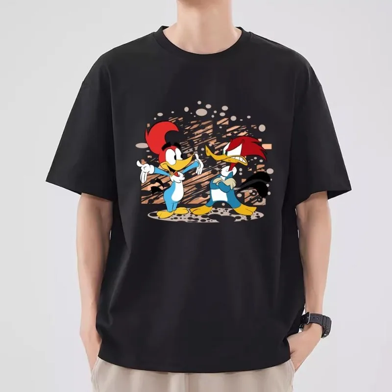 The W-Woody W-Woodpecker Cartoon T Shirt Men Couple Combination Clothes Short Sleeve Collar Fashion T-shirt Women Cotton