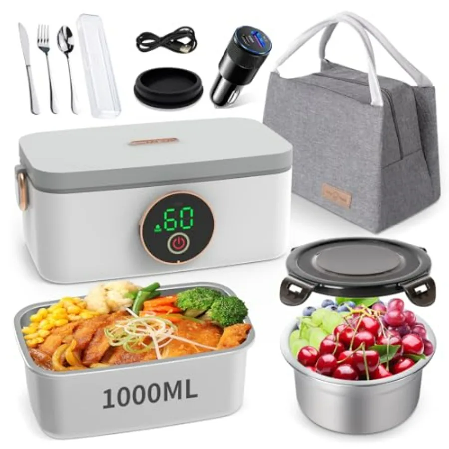 

Беспроводной электрический ланч-бокс на 1 л с подогревом, перезаряжаемый, с термоизоляцией, столовыми приборами и сумкой, для подогрева еды в путешествиях, на пикниках и кемпинге