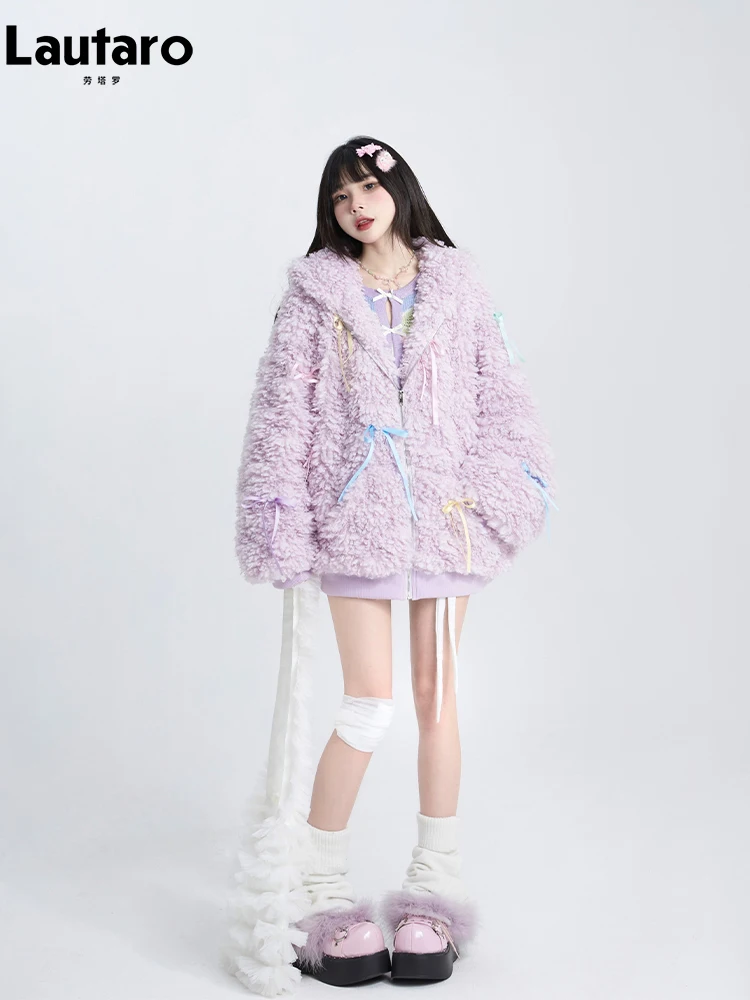 Lautaro Winter Oversized Sweet Cute Kawaii Warm Fuzzy Light Purple Faux Fur Hoodie Women with Hood Bow Fluffy Sherpa Jacket 2024