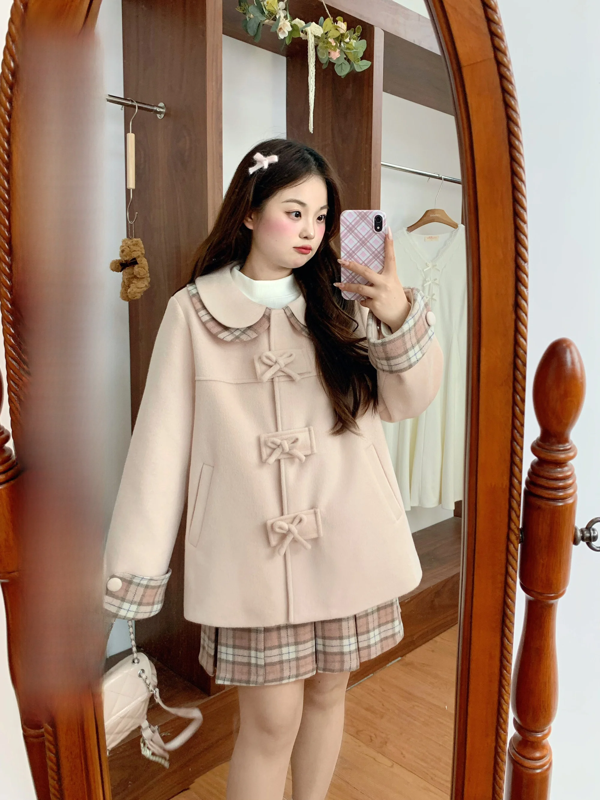 

Latao Large Size Women's Double Layer Plaid Splicing 3D Knot Woolen Coat Woolen Pleated Skirt Set Sweet Sle Winte...