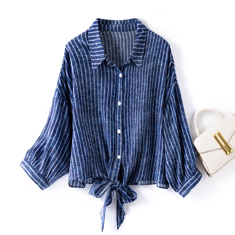 

100% Mulberry Silk Crepe Silk Women 3/4 Sleeve Shirt Blue Stripes Buttons Down Bow-Tied Bottom Top Blouse Office Work FF051
