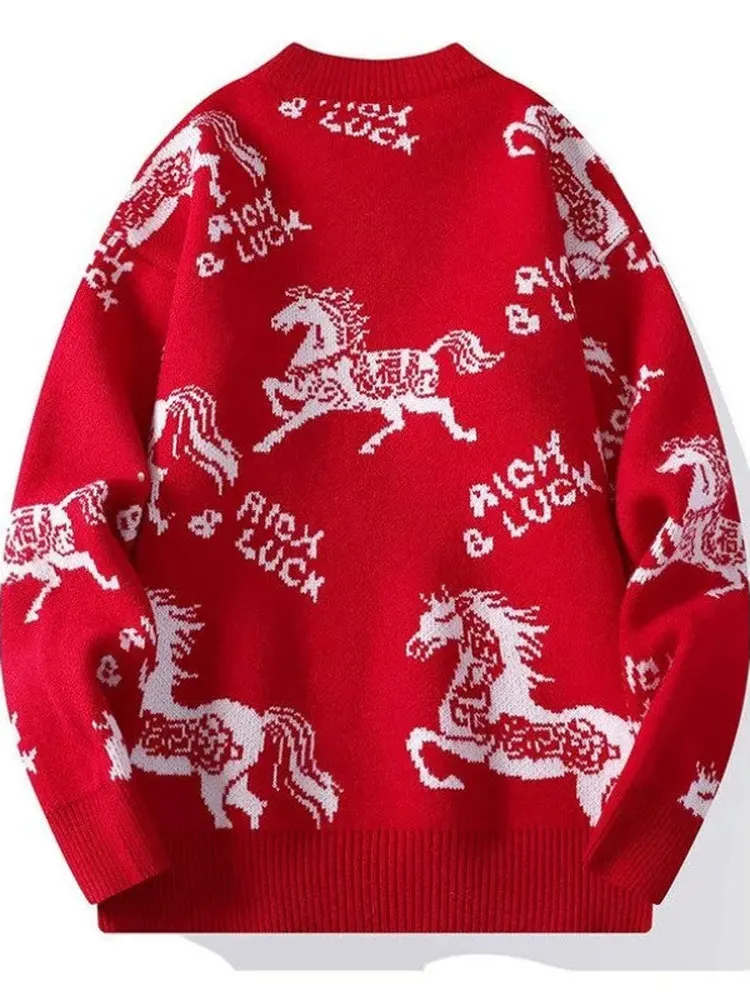 

Red Year of the Luy Knitted Sweater Men's Faion Cartoon Couple's New Year Good Lu Outfit 2026 New Arrival