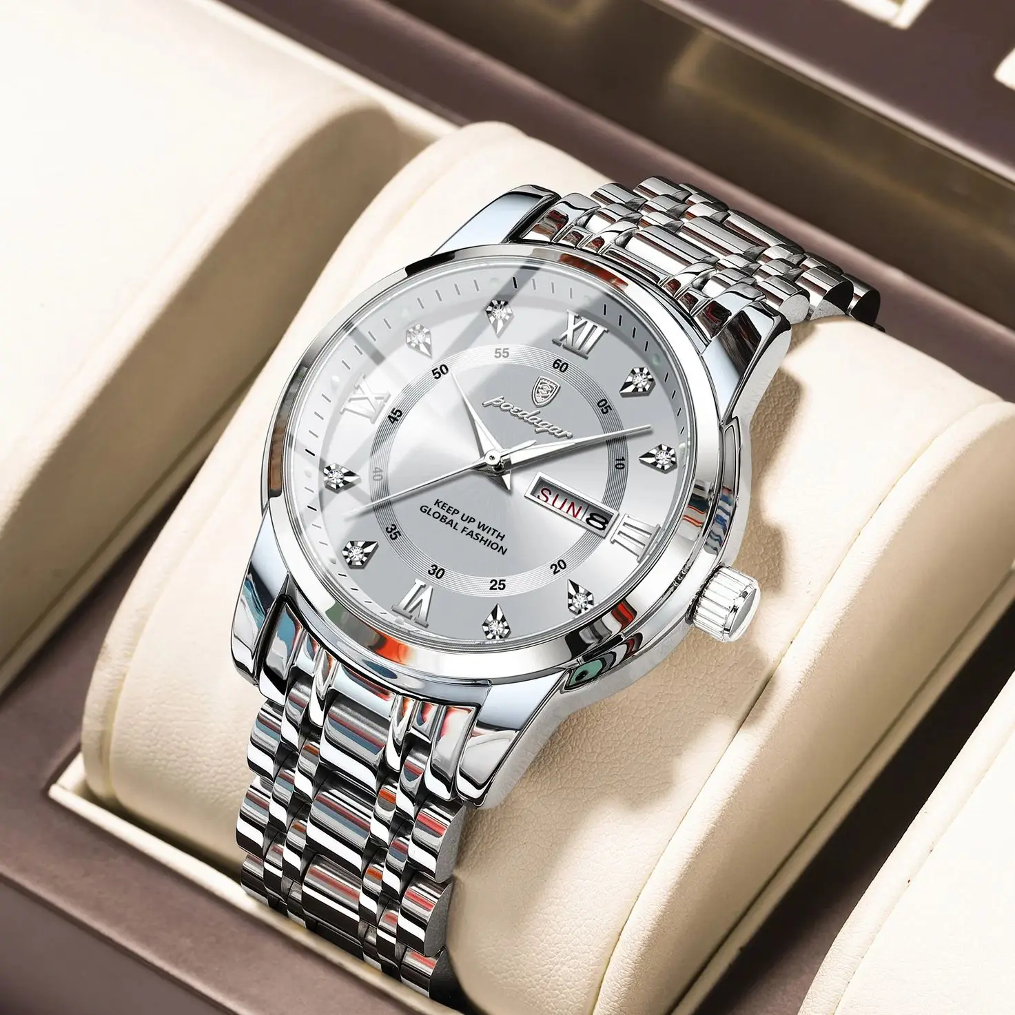 POEDAGAR Original Business Male Wristwatch Date Week Waterproof Luminous Men Watch Stainless Steel Fashion Men's Quartz Watches