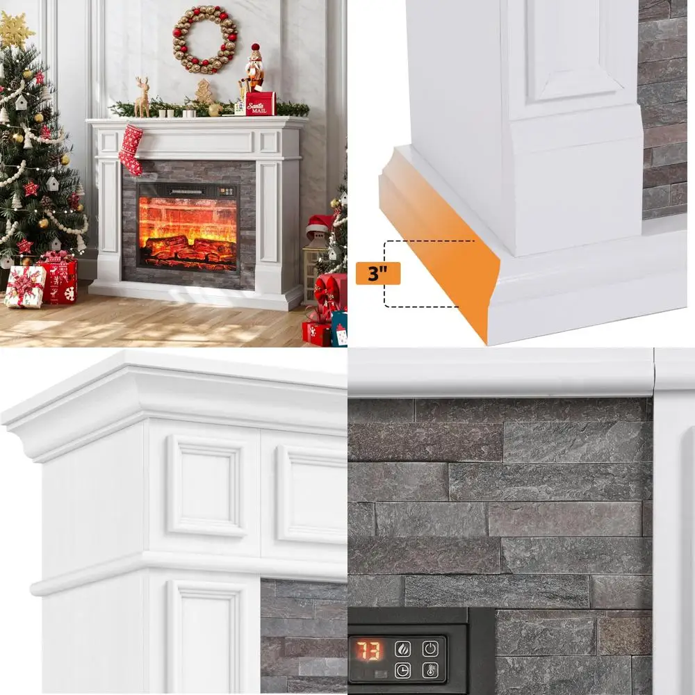 

44 Electric Fireplace with Mantel, Tall Heater, Realistic Stone Surround, Remote Control